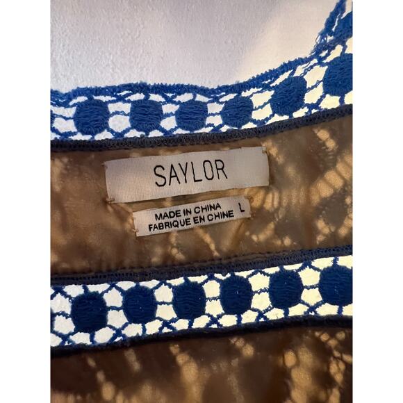 Saylor Blue Eyelet Dress Size LG High Neck Floral Short Sleeve Chic - Picture 4 of 5